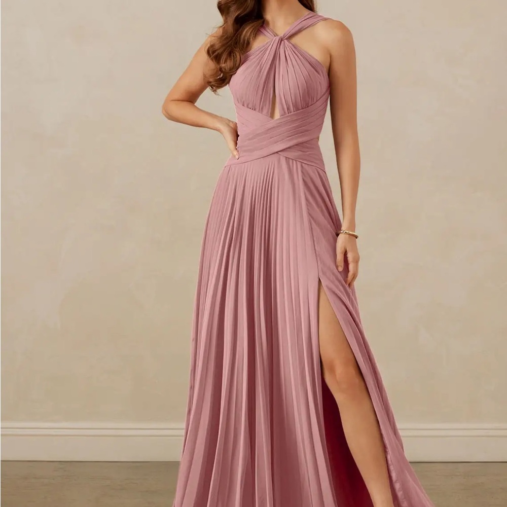 Azazie Mauve Halter Pleated Maxi Gown